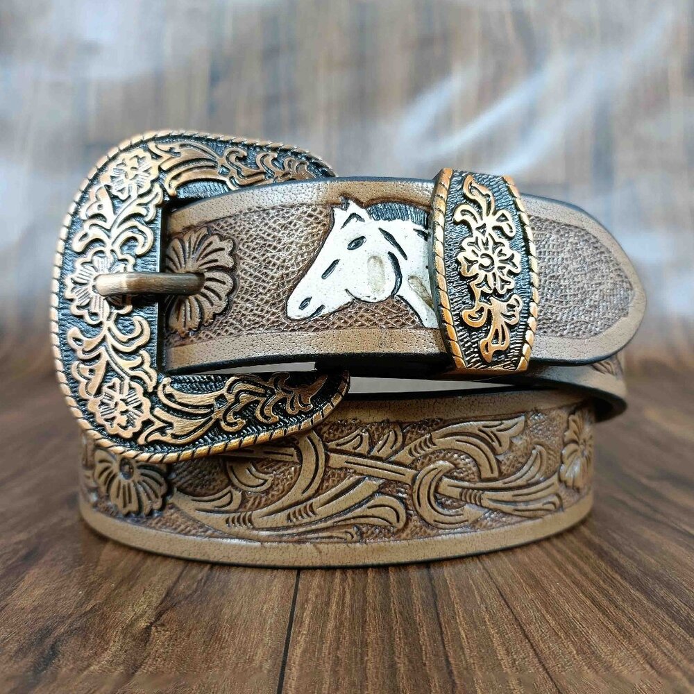 Western Leather Belt with Engraved Floral Tooling, Unisex Design